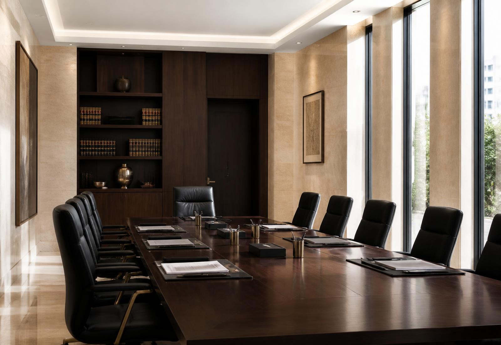 Refined legal conference room with dark timber table